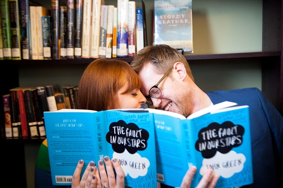 creative unique hipster engagement pictures in library