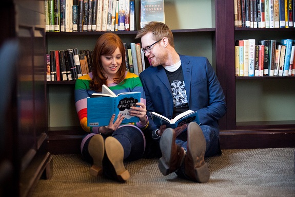 creative unique hipster engagement pictures in library
