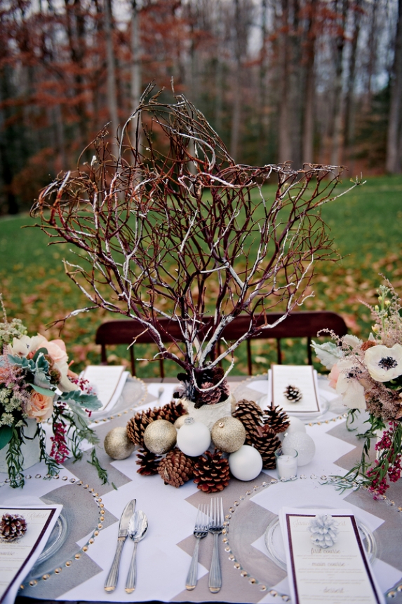 rustic winter wedding DIY wedding centerpieces pinecones