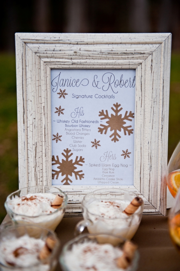 rustic winter wedding details signature drink bar spiked eggnog