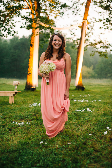 peach bridesmaids dress with floral crown