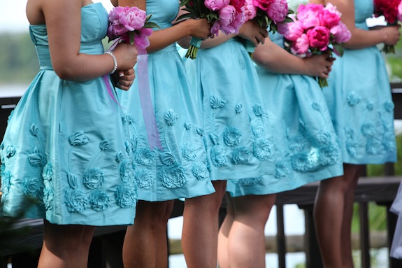 blue bridesmaids dresses hot pink flowers