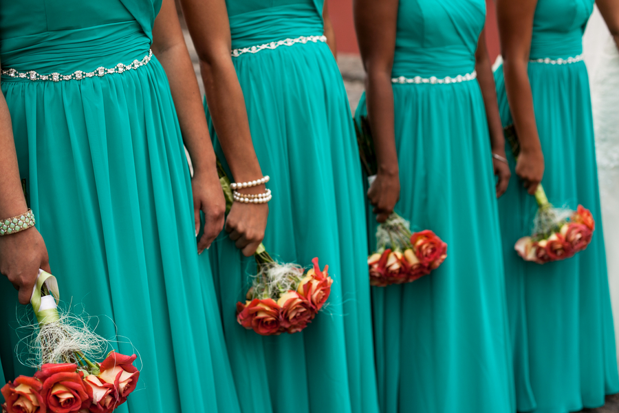 floor length teal bridesmaids dresses