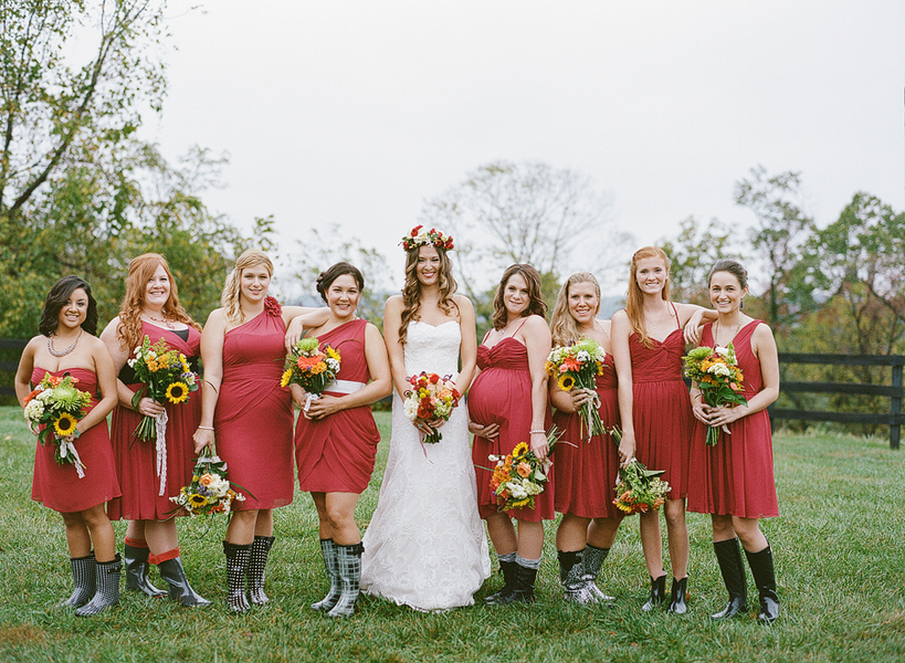 red bridesmaids dresses in rainboots 