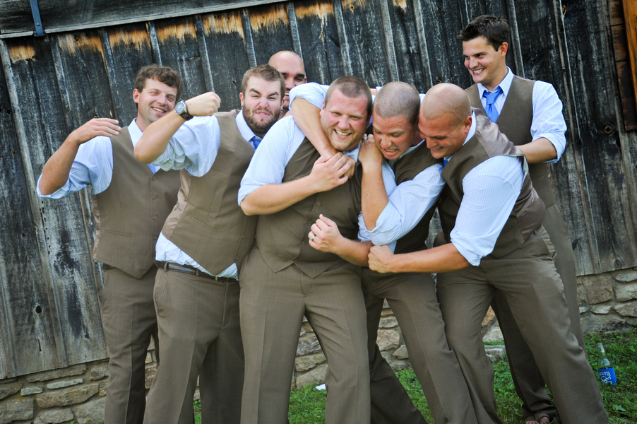 silly groomsmen portraits brown vests