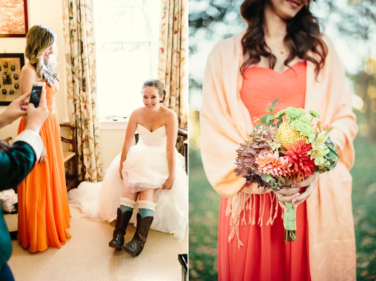 orange bridesmaids dress wildflower bouquet