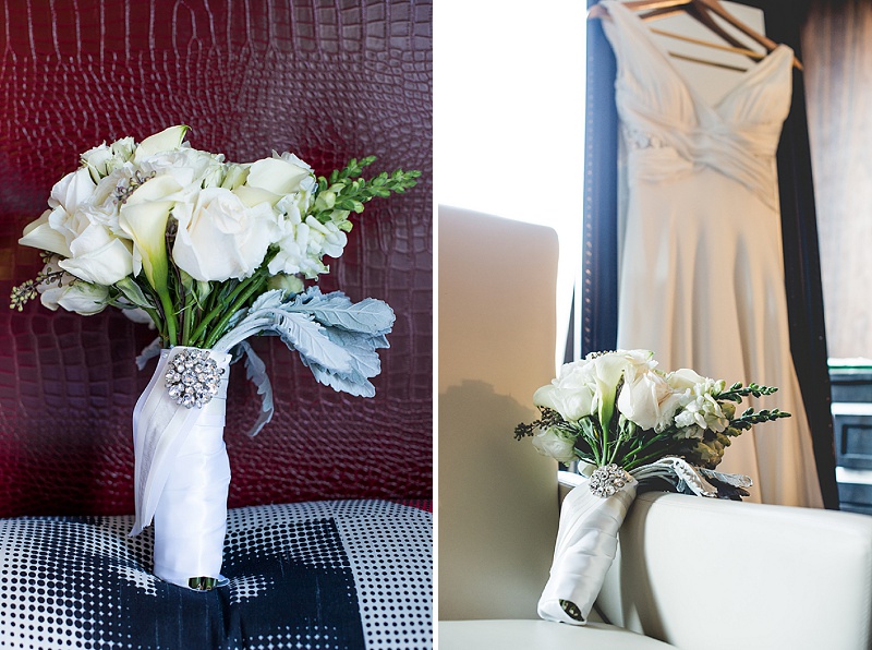 winter wedding bouquet and gown