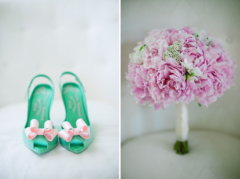 teal bride heels pink bouquet