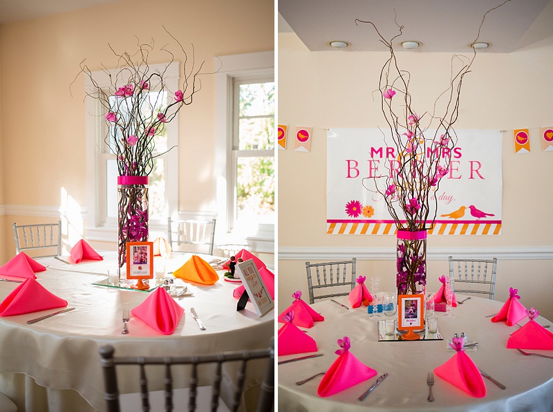 hot pink orange wedding tablescapes branch centerpieces